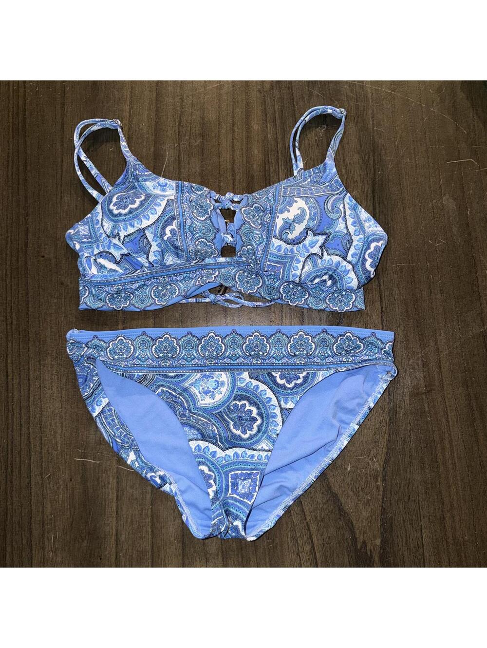Blue Paisley Two Piece Strappy Adjustable Boho Floral Beach Summer Bikini Set